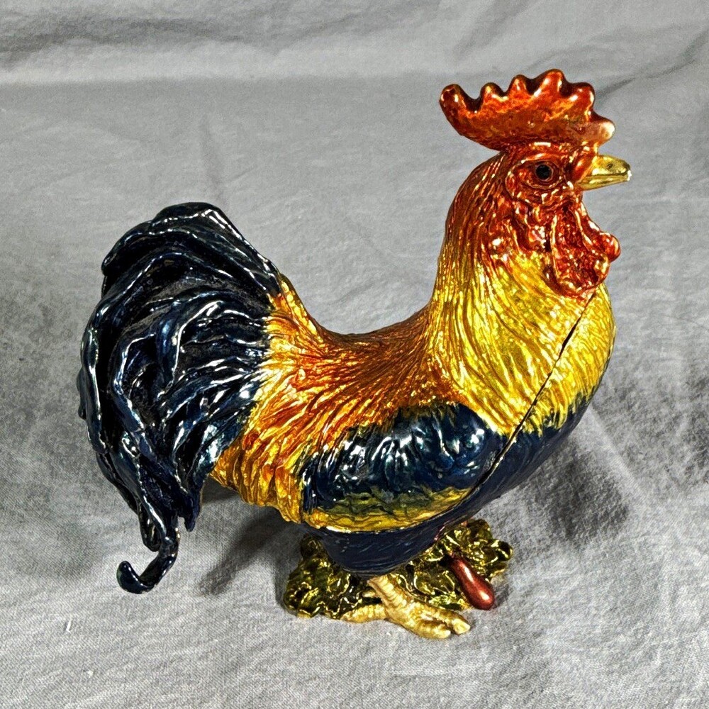 • Vintage Jeweled Enameled Rooster Hinged Trinket Box - Signed "ia"